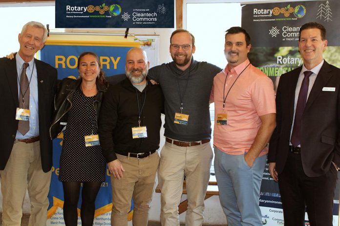Applications for the 2024 Rotary Environmental Innovators Fund (REIF) are open until March 6, 2024. REIF committee chair Graham Wilkins (left) and Cleantech Commons executive director Martin Yuill are pictured with last year's winners (from left to right): Carlotta James of Monarch Ultra, Craig Onafrychuk of Baxter Creek Watershed Alliance, environmentalist Dylan Radcliffe, and Zachary McCue of REPWR. Not pictured is Christa Plumley of Ava & Ziva. (Photo courtesy of REIF)