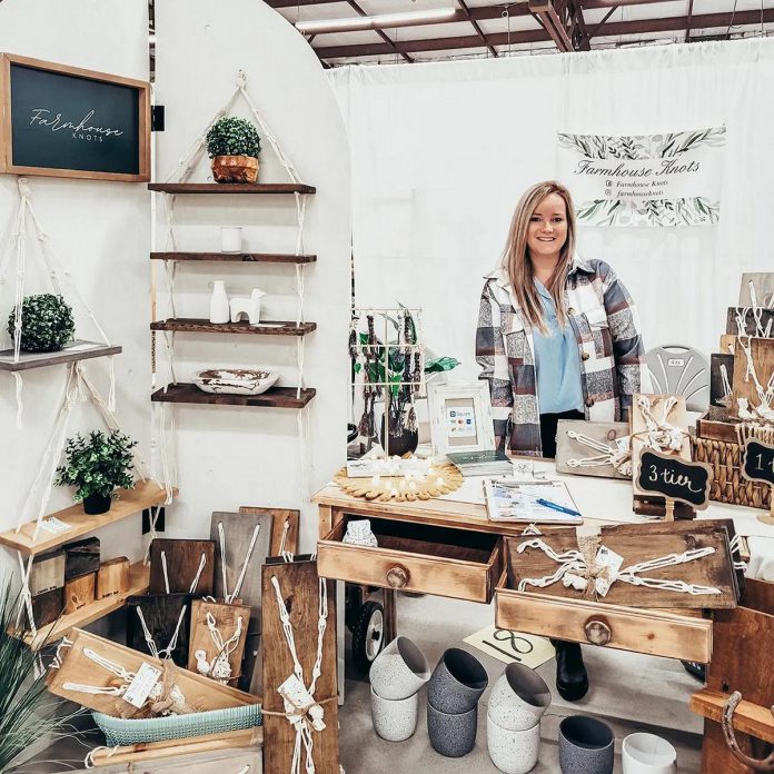 Erica Dillon selling macrame plant holders and shelves through her small business, Farmhouse Knots, at the 2022 Modern Makers Marketplace spring market. The business began as a crafting hobby to keep busy while on maternity leave during pandemic restrictions and lockdowns. She continues to be a vendor for her own holiday market, hosted each winter in the barn at Stonefields Farm. (Photo courtesy of Erica Dillon)