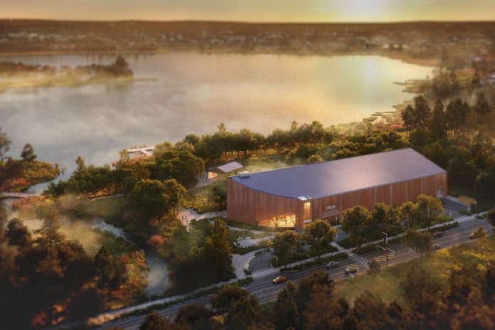 The future home of The Canadian Canoe Museum will include a waterfront campus on the shores of Little Lake with an array of outdoor programming, as well as a gathering circle outside the museum's main entrance. For the first time in its history, the museum's entire collection of paddled watercraft will be accessible to the public at the new facility. (Rendering by Lett Architects Inc. courtesy of The Canadian Canoe Museum)