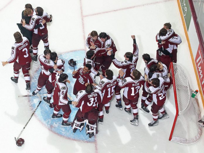 The Peterborough Petes celebrate after winning the OHL championship and the J. Roberston Cup for the 10th time in the team's history on May 21, 2023. The team headed to the Memorial Cup for the first time in 17 years, although they were defeated in a semi-final game. (Photo courtesy of the Peterborough Petes)
