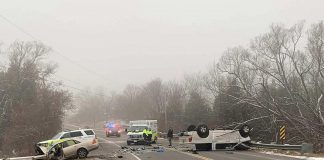 Police released this photo of the scene of a fatal collision between a pickup truck and a car on Dominion Road in Warkworth on December 8, 2023. The occupants of the car, which included two people from Hastings in their 70s and their family pet, died as a result of the collision. (Photo: Northumberland OPP)