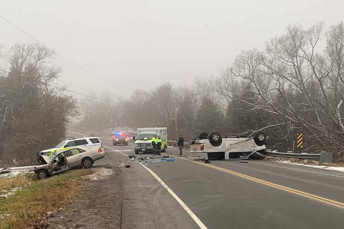 Police released this photo of the scene of a fatal collision between a pickup truck and a car on Dominion Road in Warkworth on December 8, 2023. The occupants of the car, which included two people from Hastings in their 70s and their family pet, died as a result of the collision. (Photo: Northumberland OPP)