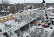 Precast structural loadbearing walls being installed in January 2024 at 681 Monaghan Road, the site of a City of Peterborough affordable housing project that will see a six-storey building with 53 units intended to provide housing for vulnerable populations in Peterborough. (Photo: City of Peterborough)