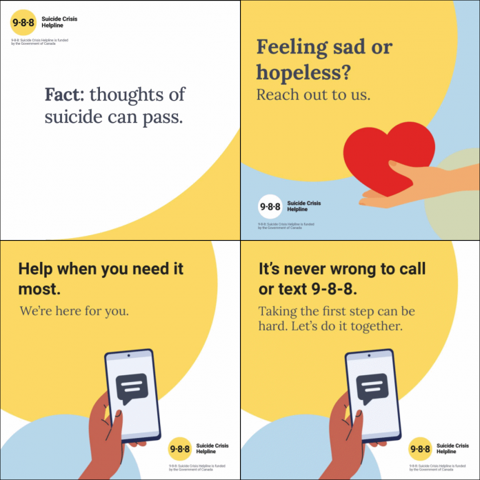 Social media graphics promoting Canada's nationwide 9-8-8 Suicide Crisis Helpline, which launched on November 30, 2023. (Graphics: 9-8-8 Suicide Crisis Helpline / Facebook)