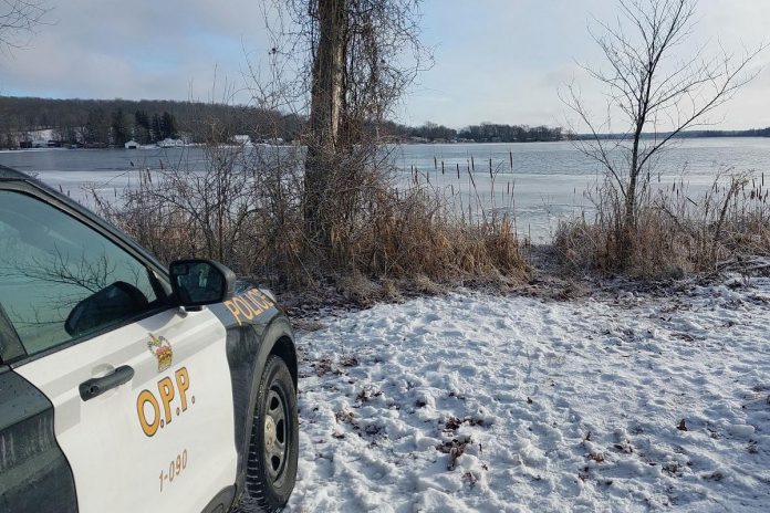 An officer with the Northumberland OPP rescued a person in distress from the Trent River in the Bradley Bay area south of Campbellford. The person fell through the ice while attempting to rescue their dog, which did not survive. (Police-supplied photo)