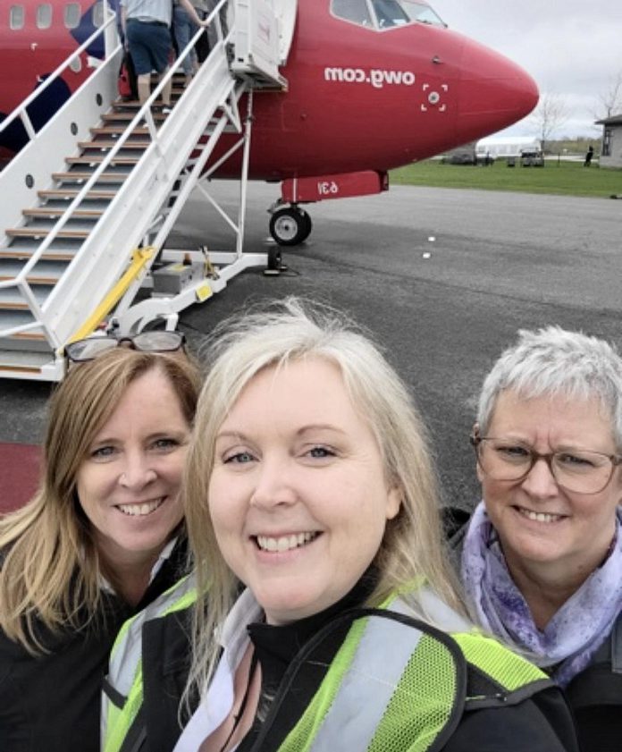 BST Vacations makes your trip from the Peterborough Airport as seamless and pain-free as possible, including reduced wait times, drive-thru baggage drop, complimentary snacks and drinks, and more. Pictured from left to right during a departure are BST Vacations charter manager Laurie Bertrand, business development and marketing manager Arleigh Elson, and senior travel advisor Carolyn Neveu. (Photo supplied by BST Vacations)