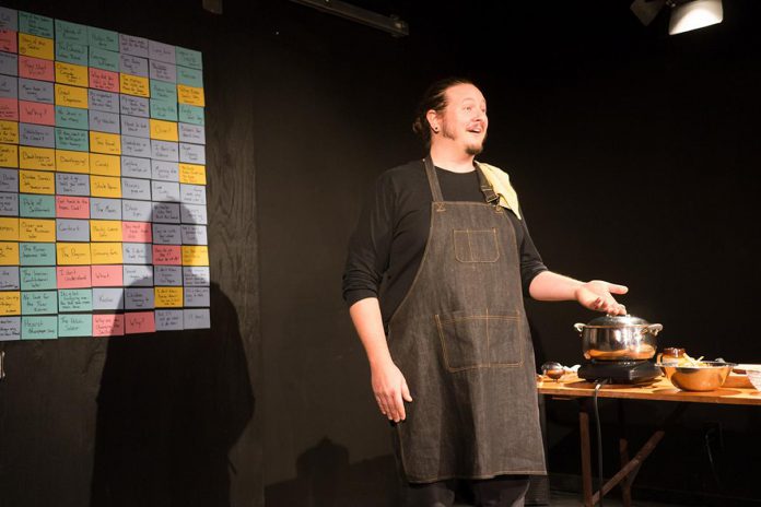 Peterborough poet Jon Hedderwick performing his one-man play "Bubie's Tapes" as a work in progress during Fleshy Thud's Precarious3 Festival in 2021. With its discussion of genocide, antisemitism, and violence, Hedderwick recognizes the play is tragically timely being staged during the Israel-Hamas war. (Photo: Andy Carroll)