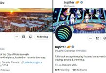 The City of Peterborough's has created a new official X (Twitter) account with the @CityPtbo name (left). The original city account, which was hacked and renamed (right), still includes all the posts of the city's original account, its followers, and the grey checkmark indicating a government organization. (kawarthaNOW screenshots)