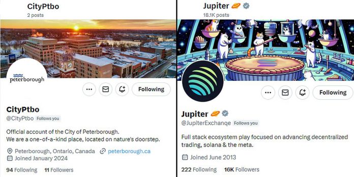 The City of Peterborough's has created a new official X (Twitter) account with the @CityPtbo name (left). The original city account, which was hacked and renamed (right), still includes all the posts of the city's original account, its followers, and the grey checkmark indicating a government organization. (kawarthaNOW screenshots)