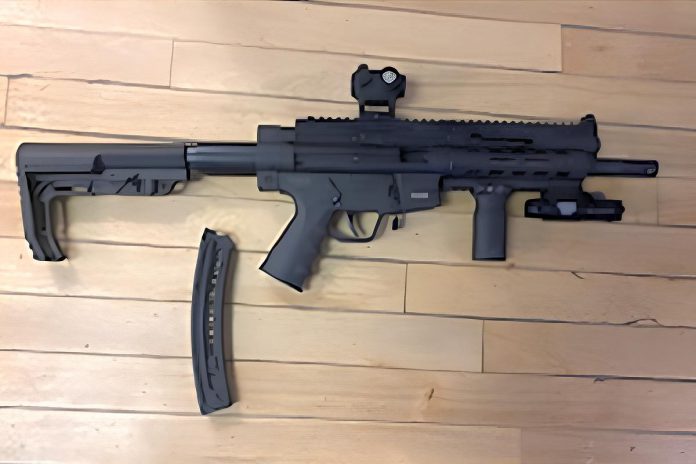 Police arrested a 17-year-old suspect and seized a GSG-16 carbine and .22 calibre ammunition from a Roseneath address following a weapons call in Cobourg on December 30, 2023. (Police-supplied photo)