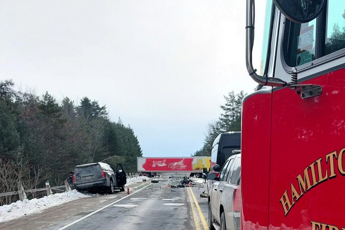 One person was transported by air ambulance with serious injuries after a collision between a passenger vehicle and a tractor trailer on County Road 28 in the Municipality of Port Hope on January 18, 2024. (OPP-supplied photo)