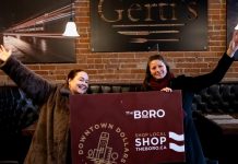 Jody Cunningham (right) celebrates her win of a $500 Boro gift card at Gertis with Amanda Bedford of the Peterborough Downtown Business Improvement Area (DBIA). Cunningham was the third and final early bird winner in the DBIA's Holiday Shopping Passport program, which conclused on January 10, 2024 with a $1,500 grand prize draw. (Photo courtesy of Peterborough DBIA)