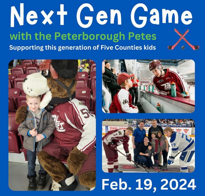 At the Next Gen Game with the Peterborough Petes on February 19, 2024, attendees can participate in a pre-game family skate starting at 1 p.m. A silent auction fundraiser, face painting, giant LEGO, and more will be held during the game. (Graphic courtesy of Five Counties)