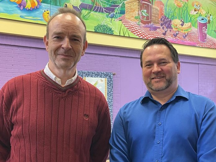 Dr. Sean Godfrey (left), pictured with Five Counties Children's Centre CEO Scott Pepin, is a new consulting pediatrician joining Five Counties. He will spend about one-quarter of his time seeing clients at Five Counties sites in Peterborough, Lindsay, and Cobourg and the remainder of his time seeing and supporting children and families from across Peterborough, Northumberland, Kawartha Lakes, and Haliburton at the private medical practice he is establishing at the Five Counties site in Peterborough. (Photo courtesy of Five Counties Children's Centre)