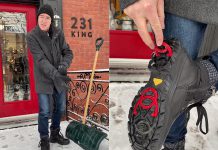 Tony Grady demonstrating the folding crampon system that come with Olang boots in a TikTok video from Grady's Feet Essentials in Peterborough that has been viewed more than 4.7 million times. (kawarthaNOW screenshots of TikTok video)