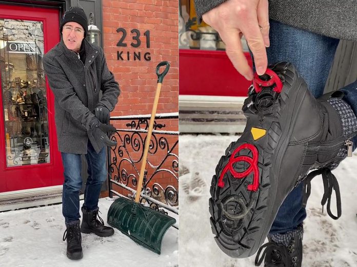 Tony Grady demonstrating the folding crampon system that come with Olang boots in a TikTok video from Grady's Feet Essentials in Peterborough that has been viewed more than 4.7 million times. (kawarthaNOW screenshots of TikTok video)