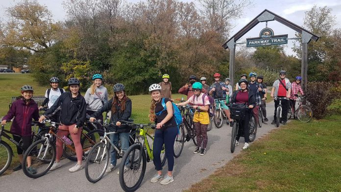 The Youth Leadership in Sustainability (YLS) 2023 cohort cycle a 22-kilometre route through Peterborough's bikeways to learn more about the City of Peterborough Cycling Master Plan. (Photo: Cameron Douglas / YLS)