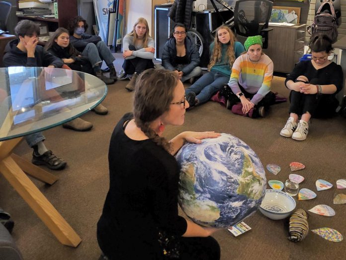 The 2023 cohort of Youth Leadership in Sustainability (YLS) were invited to GreenUP to talk about our responsibility to the environment, and to reflect on their Green Wishes for Peterborough for 2024. (Photo: Lili Paradi / GreenUP)