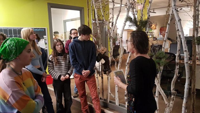 Youth take a look at a dried native and naturalized plant wall at GreenUP's offices in downtown Peterborough. Many of the plants were harvested and collected from Ecology Park. (Photo: Cameron Douglas / YLS)