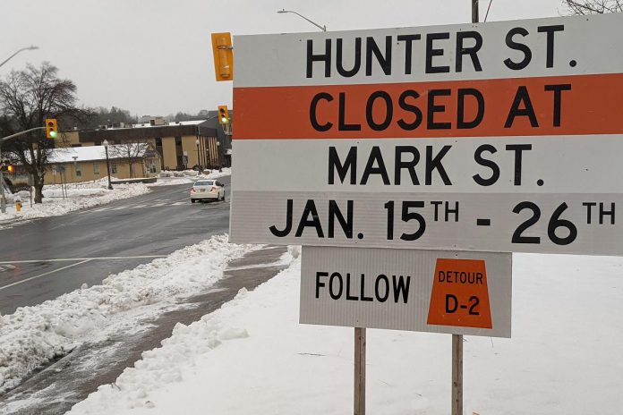 A closure sign just east of the Hunter Street bridge at Burnham Street in Peterborough's East City. (Photo: Bruce Head / kawarthaNOW)