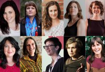 Inspiring women who will be participating in INSPIRE's second annual International Women's Day event in Peterborough on March 8, 2024 include (left to right, top and bottom) emcee Megan Murphy, opening speaker Dr. Dawn Memee Lavell Harvard, workshop leaders Atheana Brown, Meg Nimigon, Heather Howe, Nicole Cooke, Hermione Rivison, and Jessica Erickson, keynote speaker Leah Goldstein, and community song session leader Mila Redwood. (kawarthaNOW collage of supplied photos)