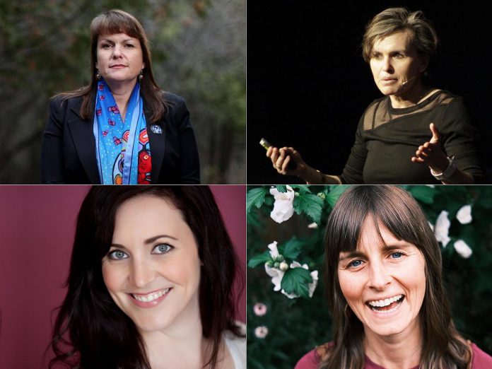 The opening speaker at INSPIRE's second annual International Women's Day event in Peterborough is Dr. Dawn Memee Lavell Harvard (top left) with closing keynote speaker Leah Goldstein (top right). The day will be emceed by Megan Murphy (bottom left), with Mila Redwood (bottom right) leading a community song session. (kawarthaNOW collage of supplied photos)