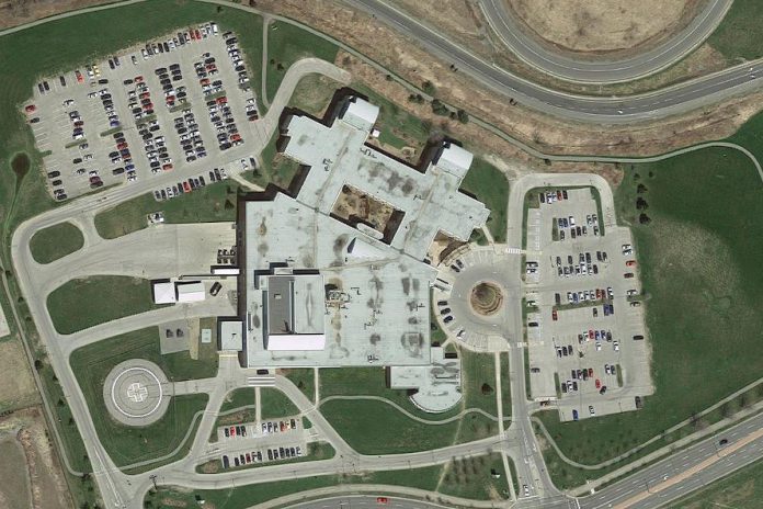 An aerial view of Northumberland Hills Hospital in Cobourg, which has been recognized by the Canadian Coalition of Green Health Care for its ongoing work toward energy conservation and environmental responsibility, including in the categories of water excellence, waste management, and leadership. (Photo: Northumberland Hills Hospital)