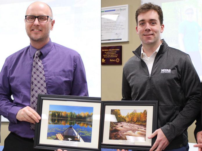 Brad Appleby from the City of Peterborough accepting the Conservation Partnership Award and Conor Maloney of Nefab Inc. accepting the Business Award at Otonabee Conservation's annual general meeting on January 18, 2024 at the Riverview Park and Zoo Rotary Education Centre. (Photos courtesy of Otonabee Conservation)