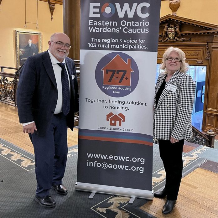 Eastern Ontario Wardens' Caucus (EOWC) 2023 chair Peter Emon (Renfrew County Warden) and 2023 vice-chair Bonnie Clark (Peterborough County Warden) at Queen's Park in Toronto in November 2023, when they presented the EOWC's strategic priority of housing, including the 7 in 7+ Regional Housing Plan, to provincial officials. (Photo: EOWC)