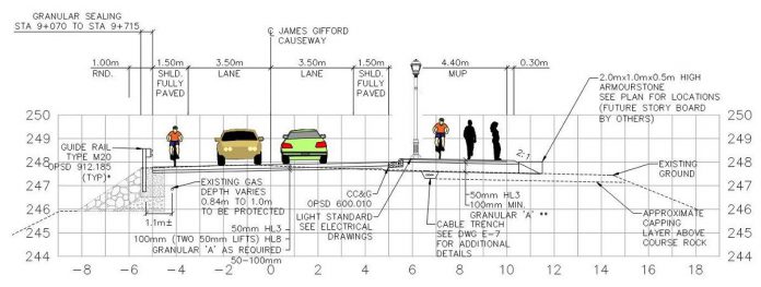 A schematic of the James A. Gifford Causeway bridge and roadwork project in Bridgenorth showing the new multi-use lighted pathway. (Illustration: Peterborough County)