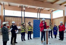 On behalf of federal energy and natural resources minister Jonathan Wilkinson, Whitby MP Ryan Turnbull announced $9.3 million in loans and grants to the City of Peterborough on January 24, 2024 for the city's new net zero carbon fire station, currently under construction at 100 Marina Boulevard. The new fire station will include automated control systems, ground source heat pumps, solar panels on the rooftop, a heat-recovery system, and water-saving features. It is also being constructed using mass timber instead of concrete, steel or aluminum to achieve a lower carbon footprint. (Photo: Natural Resources Canada / LinkedIn)