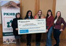 The Peterborough and the Kawarthas Home Builders Association's (PKHBA) annual charity auction held in December 2023 raised $42,377 for local housing, including $21,188.70 for Habitat for Humanity Peterborough & Kawartha Region. Pictured from left to right: Habitat CEO Susan Zambonin, PKHBA president Jennifer Hurd, Habitat communications and donor services manager Jenn MacDonald, PKHBA events, marketing and communications coordinator Vanessa Stark, and PKHBA executive officer Rebecca Schillemat. (Photo courtesy of Habitat for Humanity Peterborough & Kawartha Region)