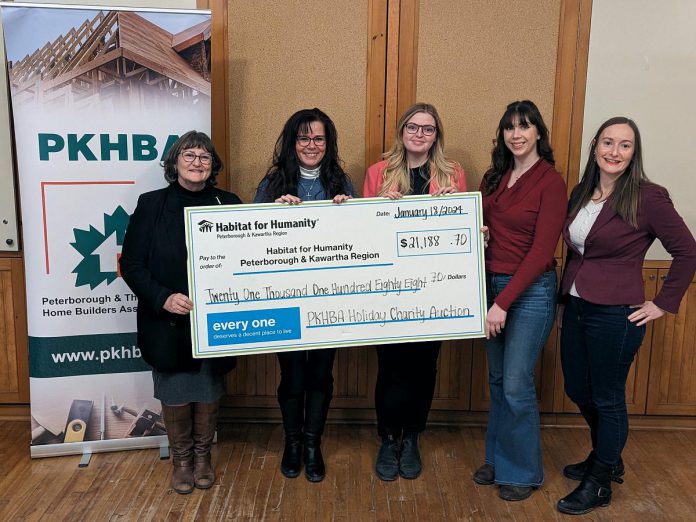 The Peterborough and the Kawarthas Home Builders Association's (PKHBA) annual charity auction held in December 2023 raised $42,377 for local housing, including $21,188.70 for Habitat for Humanity Peterborough & Kawartha Region. Pictured from left to right: Habitat CEO Susan Zambonin, PKHBA president Jennifer Hurd, Habitat communications and donor services manager Jenn MacDonald, PKHBA events, marketing and communications coordinator Vanessa Stark, and PKHBA executive officer Rebecca Schillemat. (Photo courtesy of Habitat for Humanity Peterborough & Kawartha Region)