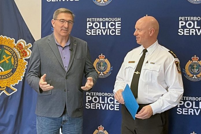 Peterborough-Kawartha MPP Dave Smith (left) with Peterborough police chief Stuart Betts during the announcment on January 19, 2024 of a $167,000 provincial grant to help the police service develop a better understanding of and response to hate bias incidents and hate crimes in the community. (Photo: MPP Dave Smith / Facebook)