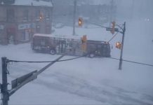 On January 17, 2022, a City of Peterborough transit bus was stuck across Aylmer Street at Hunter Street in downtown Peterborough after a winter storm brought up to 50 centimetres (20 inches) of snow to the area. After the storm, the city declared a 'signficiant weather event'. (kawarthaNOW screenshot of video by Steve Guthrie @SkunkRancher on Twitter)