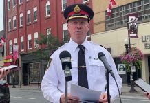Peterborough police chief Stuart Betts addresses the media in August 2023. (kawarthaNOW screenshot of Peterborough police video)