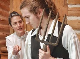 Lindsay Wilson (left) and Paden Gilhooley in a scene from Ed Schroeter's "Tide of Hope", the inaugural historial drama production of Trent Valley Archives Theatre. A prequel to the immigration story of Peter Robinson, the play will be performed at Market Hall Performing Arts Centre in downtown Peterborough for school groups on May 15, 2024 with a public performance the following evening. (Photo: Suzanne Schroeter via Peterborough Museum & Archives)