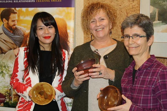 Cornerstone Family Dentistry owner Dr. Anna Jo, YWCA Peterborough Haliburton executive director Kim Dolan, and Nourish manager Joëlle Favreau at the announcement of the 2020 YWCA Empty Bowls fundraiser. At the 20th anniversary event, taking place on February 23, 2024 at The Venue in downtown Peterborough, you can once again enjoy a sit-down meal from a local restaurant and choose a bowl made by local artisans. (Photo courtesy of YWCA Peterborough Haliburton)