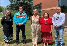 Alderville First Nation Chief Taynar Simpson (second from left) with councillors (from left to right) Lisa McDonald, Dawn Marie Kelly, Nora Sawyer, and Jason Marsden. Alderville First Nation is governed by a Chief and four councillors who are elected every two years by ballot vote. (Photo: Alderville First Nation)