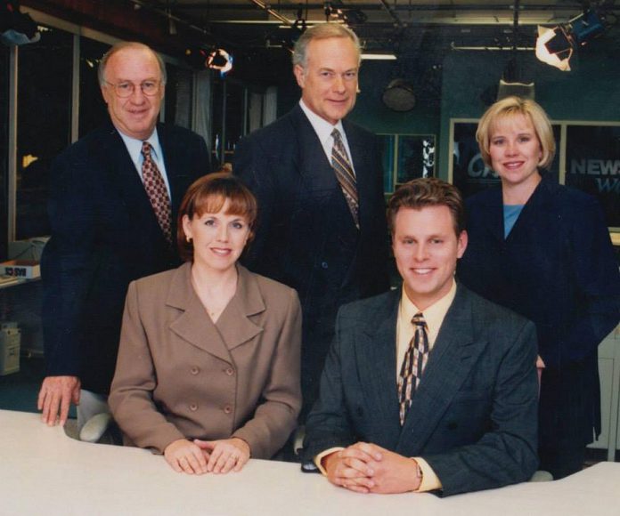 Amy Terrill (back right) with CHEX Television 1990s on-air talent (front left to right) Linda Farr, Rob Wozney, (back left to right), Gary Dalliday, and Peter Fialkowski. Alhough she had no experience or education in broadcasting, Terrill took on an internship ath the station, leading her to nine years spent as a reporter, anchor, and producer, where she developed many of the transferable skills she would later use throughout her diverse career. (Photo: CHEX Television)