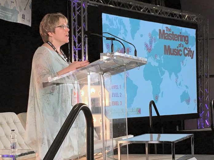 Amy Terrill speaking at Music Canada's inaugural Music Cities Summit in 2016. Before working for Music Canada, Terrill went from a broadcasting career in Peterborough to leadership jobs at the Lindsay and Ontario Chambers of Commerce. She returned to Lindsay in 2019 to become executive director of BGC Kawarthas. (Photo: Music Canada)