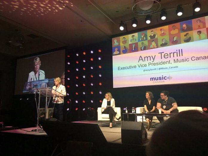 Amy Terrill speaking at Music Canada's 2018 Music Cities Summit during Canadian Music Week. One of the major transferable skills she has learned throughout her career which recommends to all leader it knowing your audience, whether you're conversing one-on-one, in a job interview, or speaking to a crowd. (Photo: Music Canada)