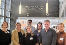 On February 5, 2024, Peterborough Regional Health Centre (PRHC) unveiled the Anne Keenleyside & Family Atrium, in honour of the late Trent University bioarcheology professor of bioarcheology who passed away in October 2022 and left a $2 million legacy gift to the hospital foundation. Pictured (left to right) are Keenleyside's close friend Lynda Wood, PRHC president and CEO Dr. Lynn Mikula, Keenleyside's stepdaughter Cassandra Butler, PRHC Radiologist Dr. Peter Gianakopoulos (in the back), PRHC Foundation president and CEO Lesley Heighway, Keenleyside's partner Pat Butler, and Keenleyside's stepdaughter Melissa Butler. (Photo courtesy of PRHC Foundation)