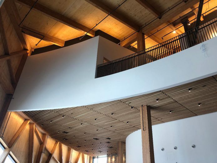 With most exterior work completed on the new Canadian Canoe Museum, interior work is well underway. Drywall for the Atrium is being finished and painted, and wood ceiling and wall treatment are being installed as well as light fixtures. (Photo: The Canadian Canoe Museum)