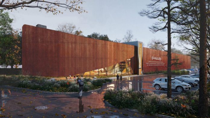 An architectural rendering of the new Canadian Canoe Museum in Peterborough, facing Ashburnham Drive, showing a completely weathered exterior. (Illustration: Unity Design Studio, formerly Lett Architects)
