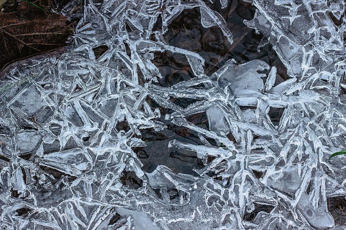 Flash freeze, frozen puddle, winter. (Stock photo)