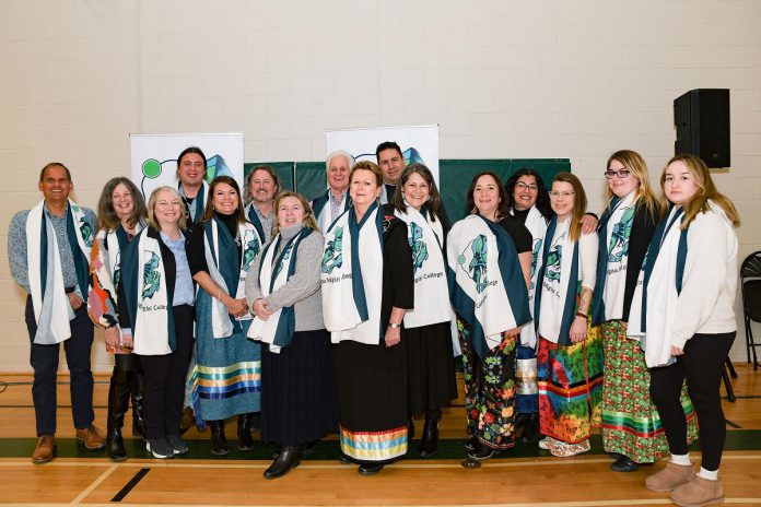 A special scarf featuring the new crest was presented to the Elders and members of Williams' family at the crest unveiling on February 10, 2024 during the 48th annual Elders and Traditional Peoples Gathering at Trent University. (Photo courtesy of Trent University)