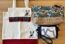 Available at the GreenUP Store & Resource Centre, these unique upcycled totes, pouches, and clutches created by Spruce Moose and Peterborough artist Brianna Gosselin make great gifts that are good for the environment and can be used all year round. (Photo: Eileen Kimmett / GreenUP)