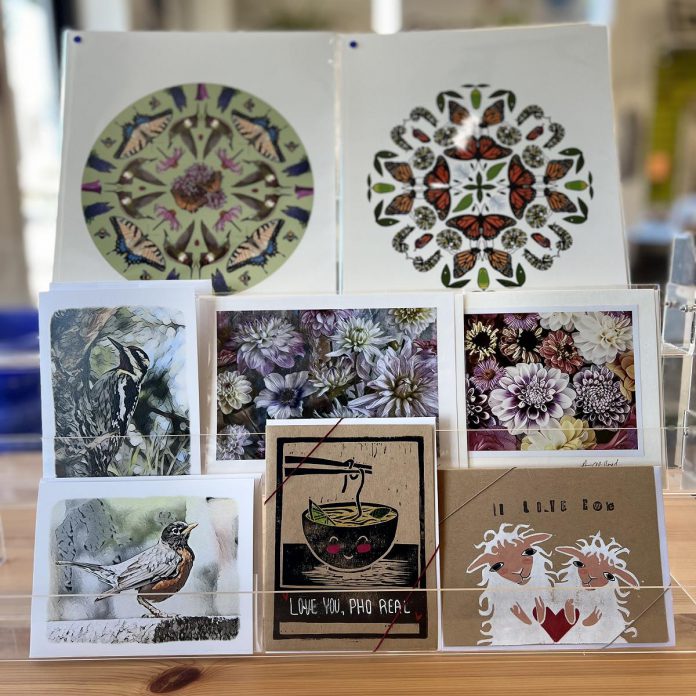 Anita Clifford is a Peterborough-based photographer who captures stunning photos of flowers turned into art on cards, and Toronto-based Yuko Miki creates cards to spread awareness of bird-window collisions in cities like Peterborough. Choose locally made and recyclable cards to reduce gift-giving waste and, after each holiday, you can frame the cards to enjoy the artwork for many years. (Photo: Eileen Kimmett / GreenUP)