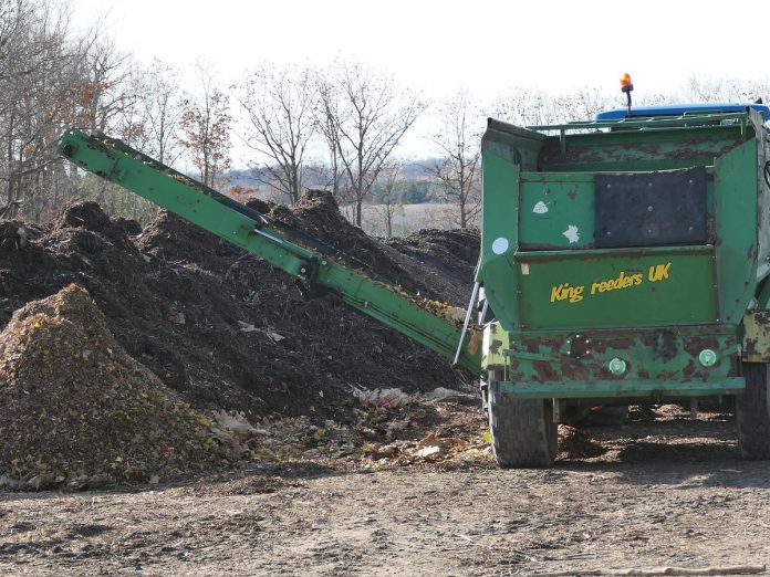 Leaf waste is added to compost piles at Woodleigh Farms in Cavan, one of the participants in Green Economy Peterborough's Net Zero Farms pilot project. The farm collects municipally sourced leaf and yard waste and follows a forced aeration process to produce compost for on-farm use. (Photo courtesy of Woodleigh Farms)